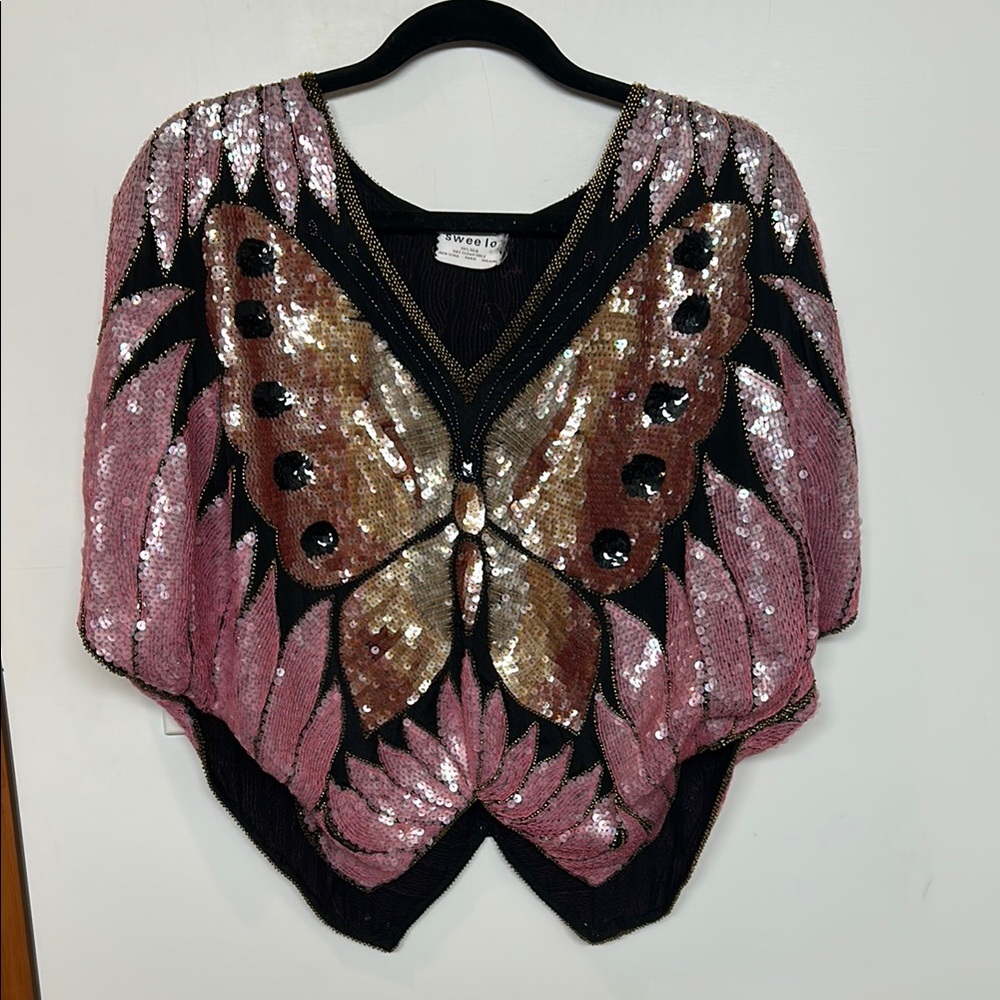 Vintage Sequin Butterfly top - Pink and Gold